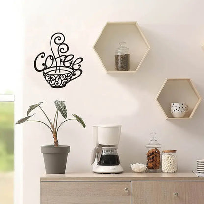 Metal coffee cup wall decor for coffee bar, decorative wall art featuring a coffee mug design, by BACKUPMYFILESNOW.COM®.