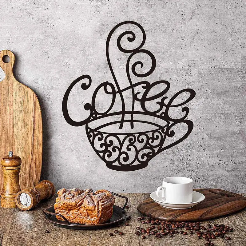 Metal coffee cup wall decor for coffee bar, decorative coffee cup wall art, BACKUPMYFILESNOW.COM® design, black finish, 1 piece