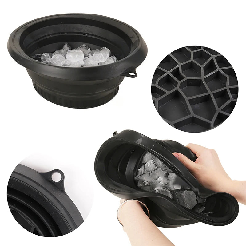 Large black foldable silicone bowl for face ice baths and skincare routines, portable and ideal for women and girls.