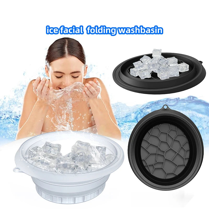 Large foldable silicone face bowl for ice baths and skincare routines, portable and black, ideal for women and girls.