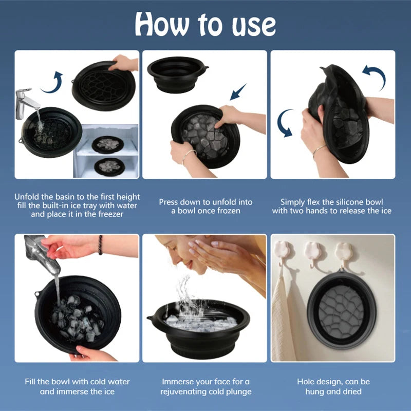 Black foldable silicone face bowl for ice baths and skincare routines, portable and ideal for women and girls.