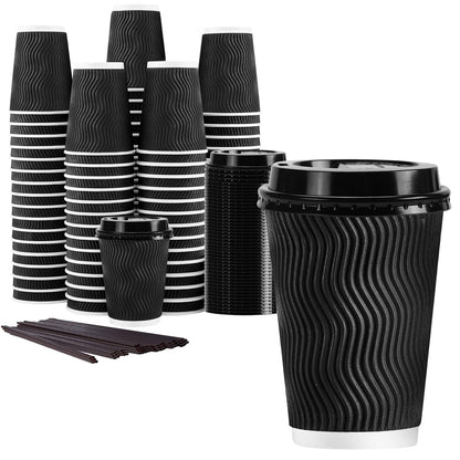 Black Lamosi 12 oz insulated disposable coffee cups with lids and straws, perfect for water, juice, and coffee, 50-pack.