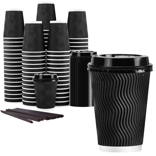 Black Lamosi 12 oz coffee cups with lids and straws, 50-pack, insulated ripple design, disposable cups for coffee, water, or juice