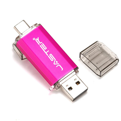 Black 128GB USB-C flash drive with metal body, compact design, and color options including red, purple, and blue.