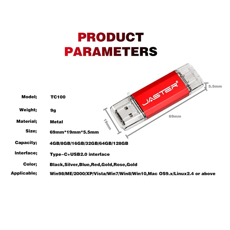 Black and red metal USB-C flash drive with 128GB capacity, compact design, and colorful options for portable data storage.