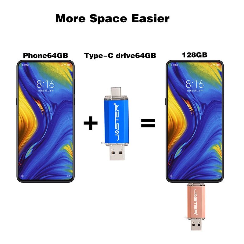 Black and red BackupMyFilesNow USB-C flash drive with 128GB capacity, compact metal design, and colorful options in purple and blue