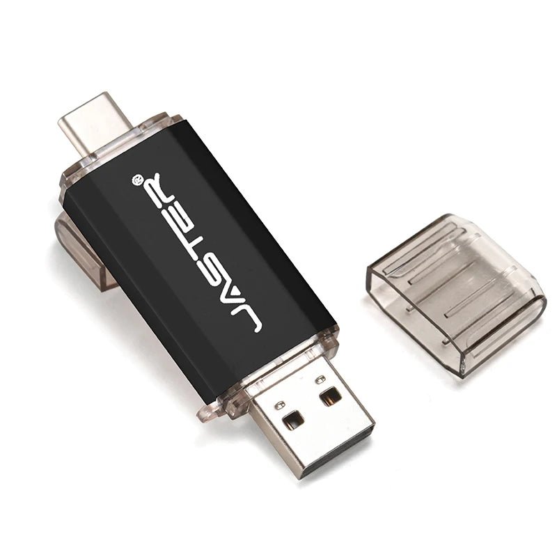 Black and red USB-C flash drive with 128GB capacity, metal design, compact pen drive, BackupMyFilesNow brand.