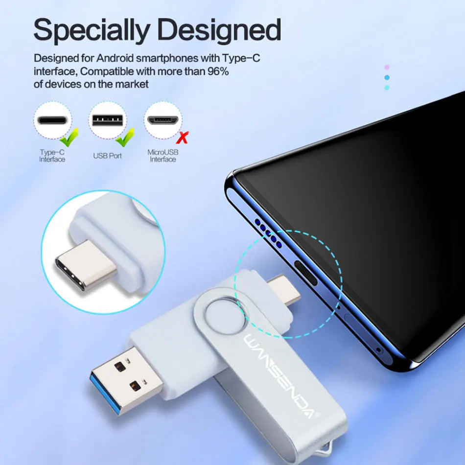 Black Wansenda USB flash drive with 512GB and 256GB storage, USB 3.0 pen drive for Type-C, Android, and PC devices.