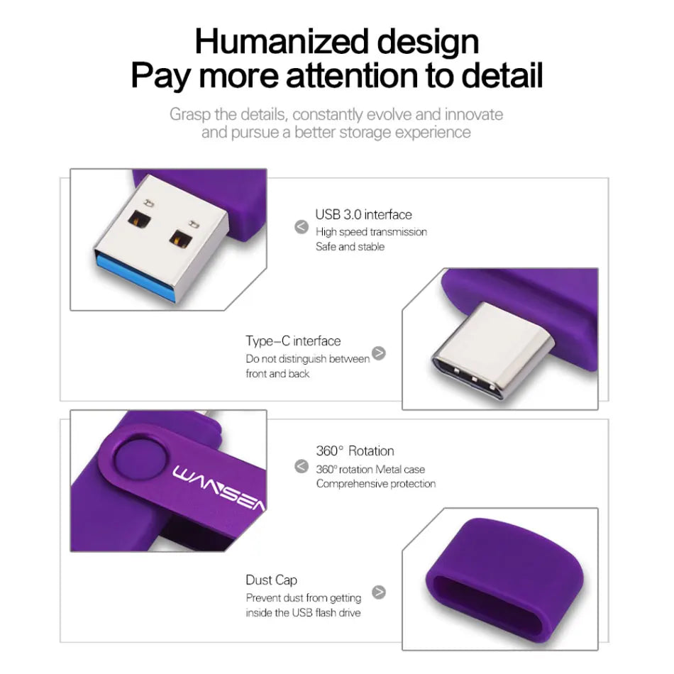 Black Wansenda USB flash drive with 512GB capacity, USB 3.0, compatible with Type C Android and PC devices.