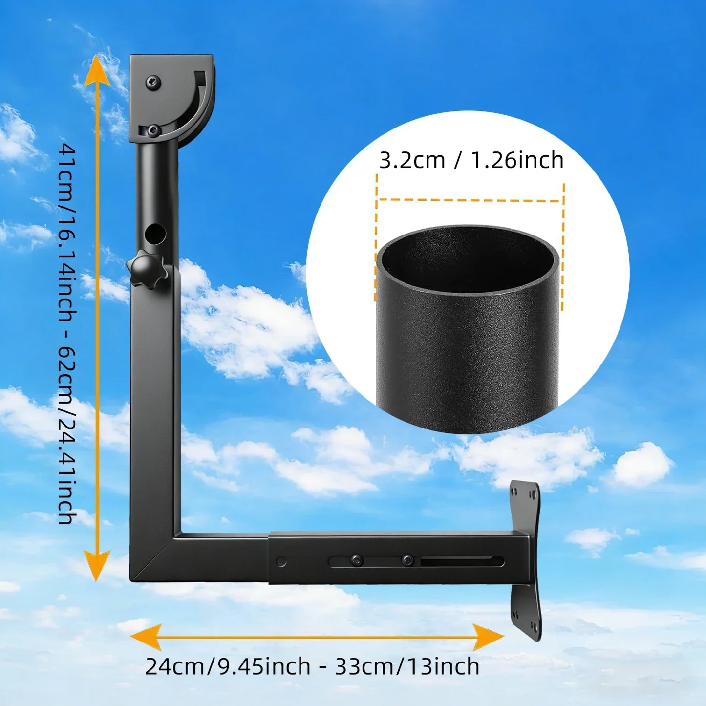 Black 16-inch Starlink Gen 3 adjustable wall mount support arm, telescoping, rustproof, weatherproof for concrete or wood walls.