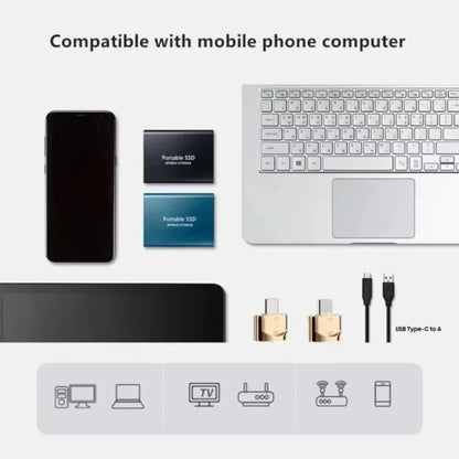 Black 16TB portable external SSD with USB 3.1 Type-C port, compact high-speed hard drive for PC, phone, and laptop.