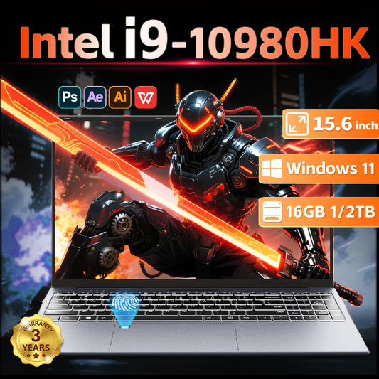 Black 15.6-inch Windows 11 gaming laptop with Intel Core i9, 16GB RAM, 1TB/2TB SSD, fingerprint unlock, suitable for office and gaming.
