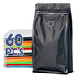 Black 16oz coffee packaging bags with valve, zipper seal, vented barrier design, 60-piece set for coffee storage and retail use.