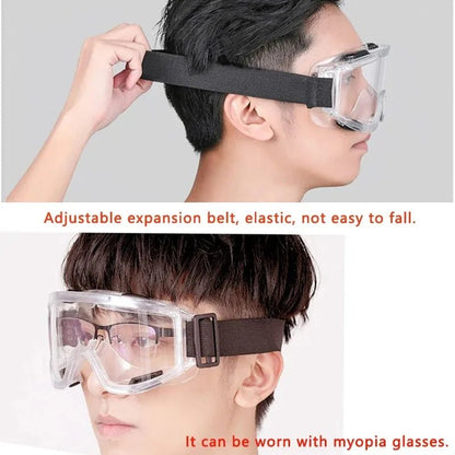 Clear antifog safety goggles by BACKUPMYFILESNOW.COM® with anti-splash, wind-proof design for industrial, lab, and cycling use.