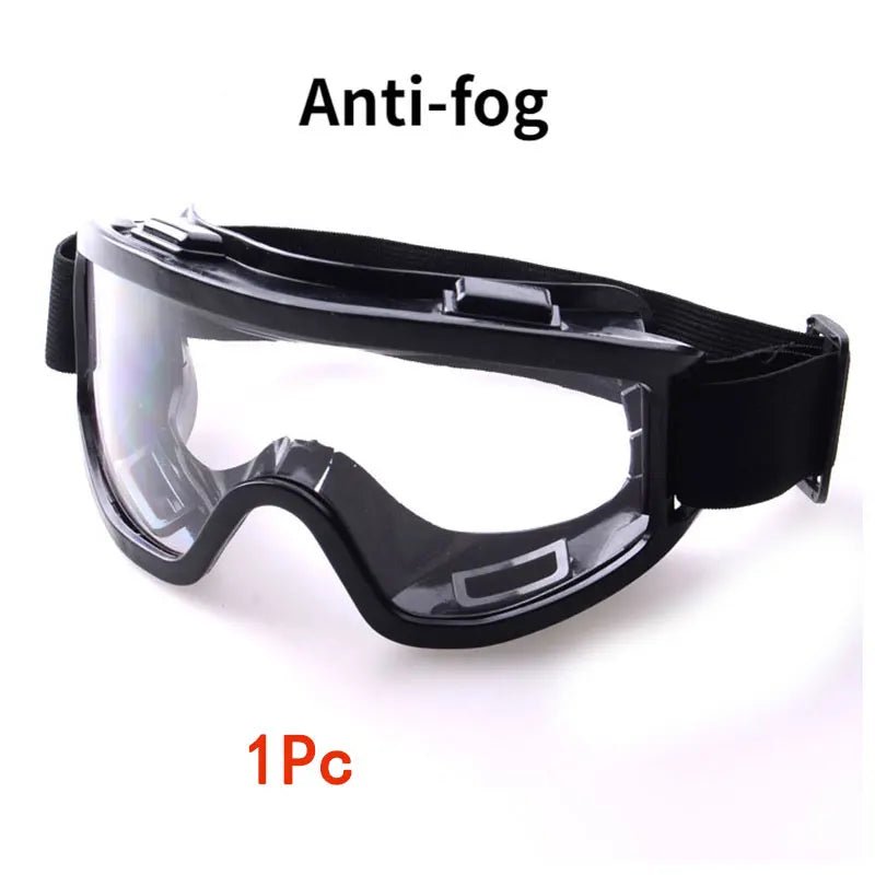 Clear safety antifog protective goggles by BACKUPMYFILESNOW.COM® with anti-splash, wind-proof design for industrial, research, and cycling use.