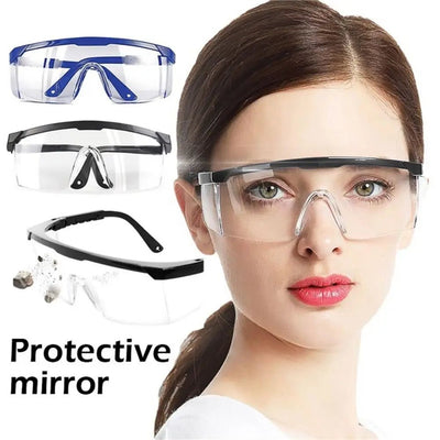 Black safety goggles with anti-splash, windproof, dustproof, waterproof protective lenses for work, cycling, and outdoor safety.