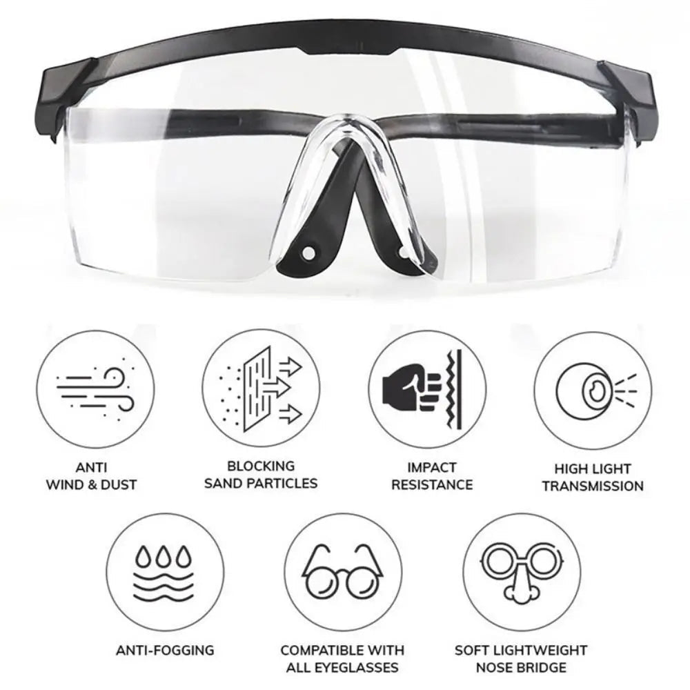 Black work safety goggles with anti-splash, windproof, dustproof, and waterproof protective glasses for cycling and industrial use.