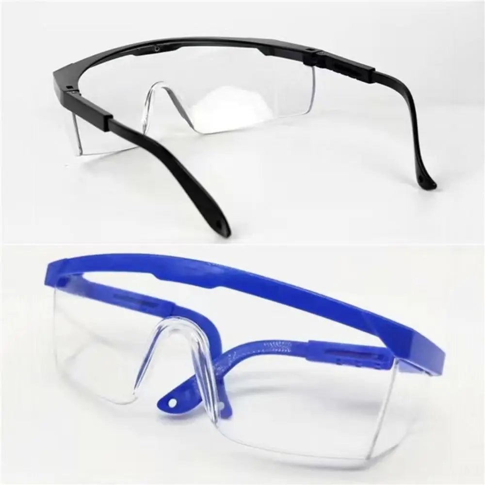 Black safety goggles with anti-splash, dustproof, windproof, and waterproof features for work and cycling protection.