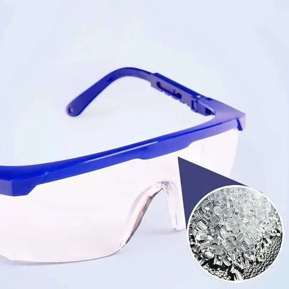 Black safety goggles with anti-splash, windproof, dustproof, and waterproof design for work, cycling, and protective use.