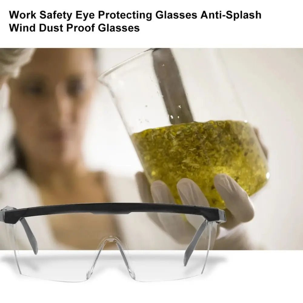 Black anti-splash safety goggles by BACKUPMYFILESNOW.COM® with windproof, dustproof, waterproof protective glass for work or cycling.