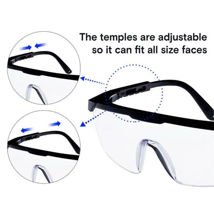 Black safety goggles with anti-splash, windproof, dustproof, waterproof protective glasses for work or cycling safety.