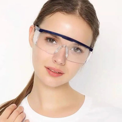 Black safety goggles with anti-splash, windproof, dustproof, waterproof design for work, cycling, and protective eye safety.