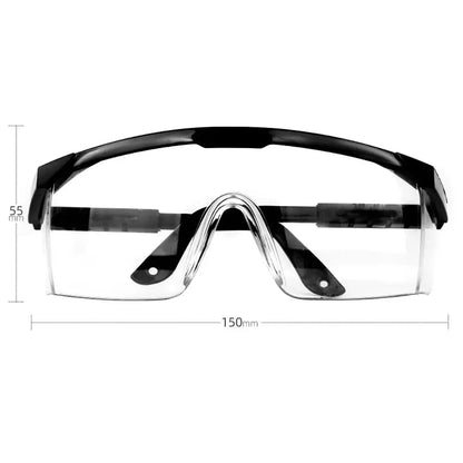 Black work safety goggles with anti-splash, windproof, dustproof, waterproof protective glasses for cycling and industrial use.