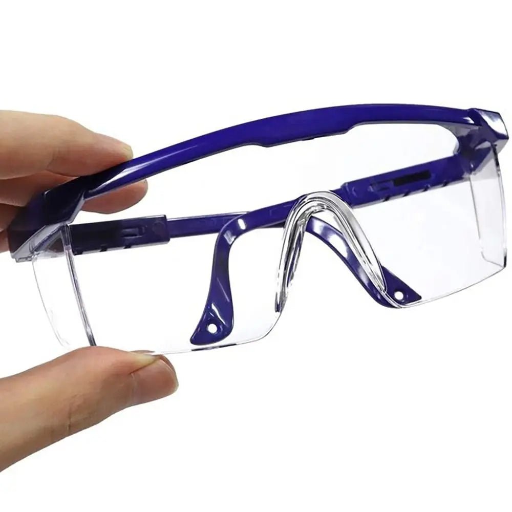 Black safety goggles with anti-splash, windproof, dustproof, and waterproof protection, suitable for work and cycling.