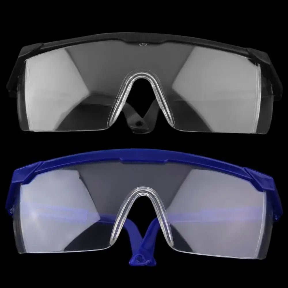 Black safety goggles with anti-splash, windproof, dustproof, and waterproof protective lenses for work and cycling safety.