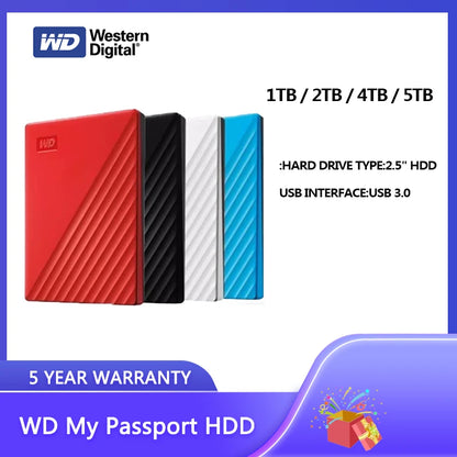 Western Digital WD My Passport 1TB external portable hard drive with USB 3.0, backup software, and password protection.