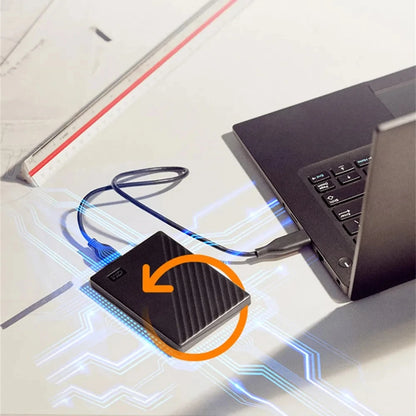Western Digital WD My Passport external hard drive in black, 1TB to 5TB, with USB 3.0, backup software, and password protection.