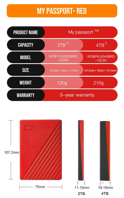 Black Western Digital WD My Passport external hard drive in 1TB, 2TB, 4TB, or 5TB sizes with USB 3.0, backup software, and password protection