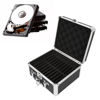 Black 2.5-inch hard drive storage box with handle, 20 bays, aluminum alloy case, security lock for home storage.
