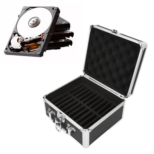 Black 2.5-inch hard drive storage box with handle, 20 bays, aluminum alloy case, security lock for home storage.