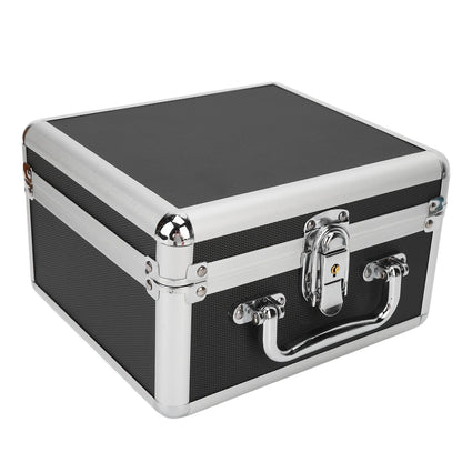 Black 2.5-inch hard drive storage box with handle, 20 bays, aluminum alloy case, security lock, designed for home storage.