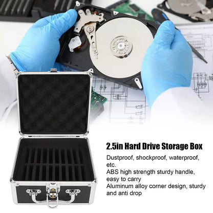 Black 2.5-inch hard drive storage case with handle, 20 bays, aluminum alloy construction, security lock, ideal for home use