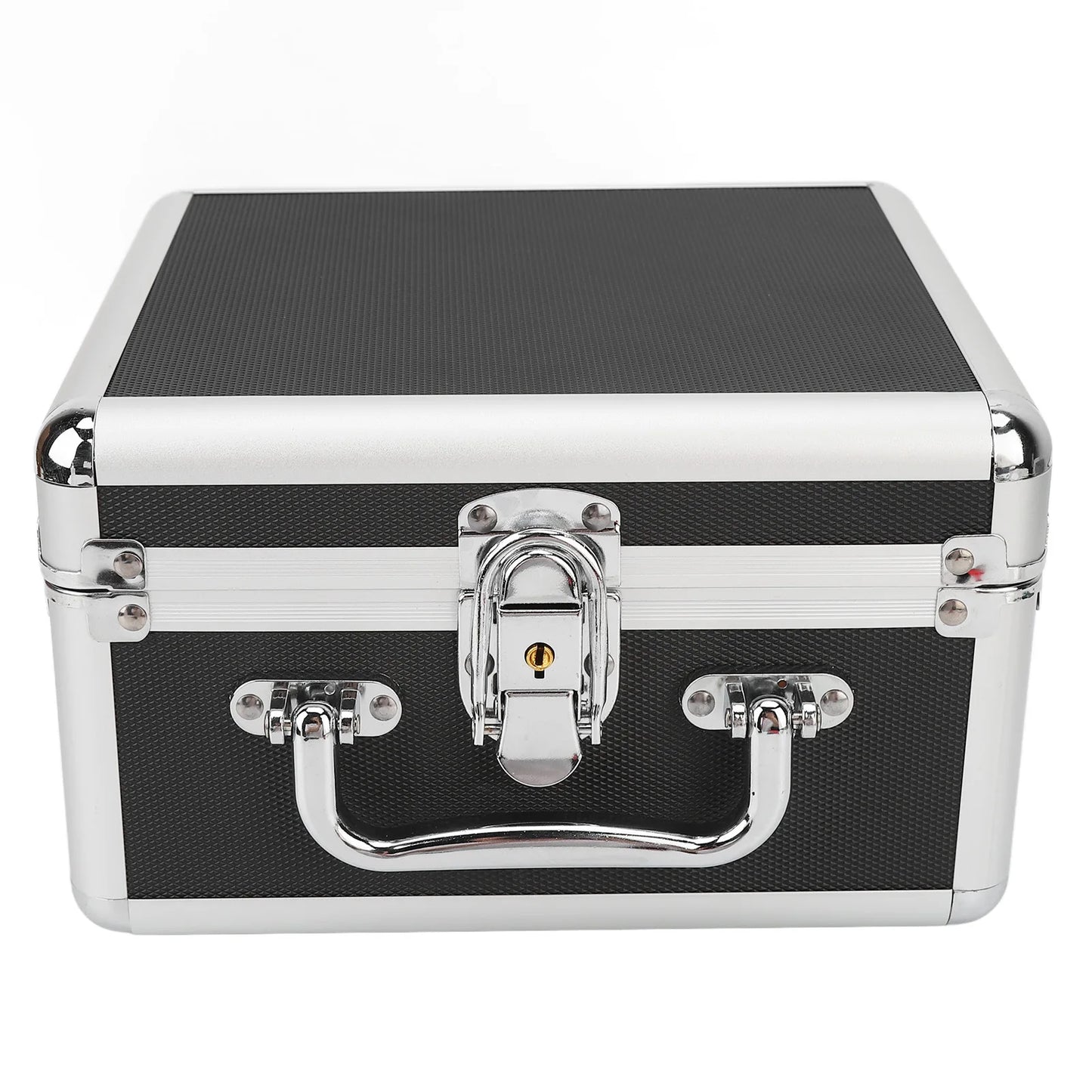 Black 2.5-inch hard drive storage box with handle, 20 bays, aluminum alloy construction, security lock, for home data storage.