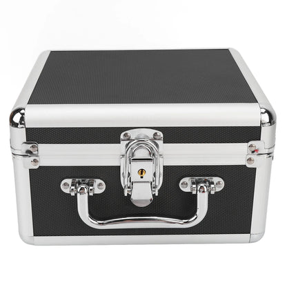 Black 2.5-inch hard drive storage box with handle, 20 bays, aluminum alloy construction, security lock, for home data storage.