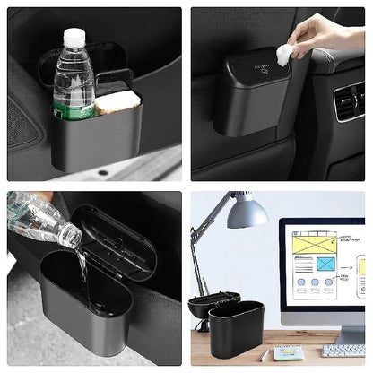 Black small car trash can with lid, leak-proof mini car accessory for keeping your vehicle tidy and organized.