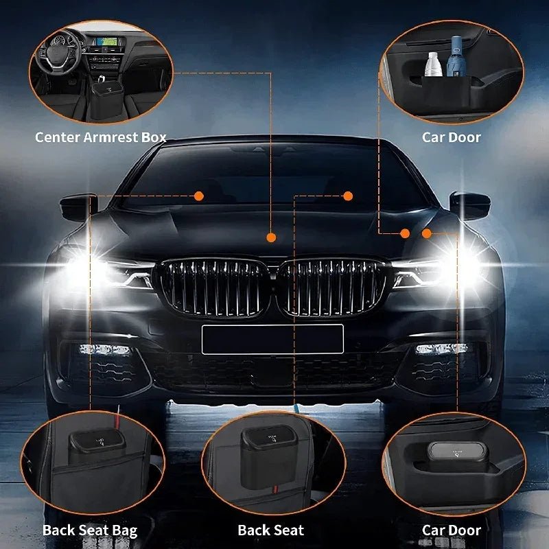 Small black car trash can with lid, leak-proof mini car accessory for keeping vehicles tidy and organized.