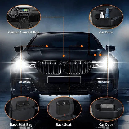 Small black car trash can with lid, leak-proof mini car accessory for keeping vehicles tidy and organized.