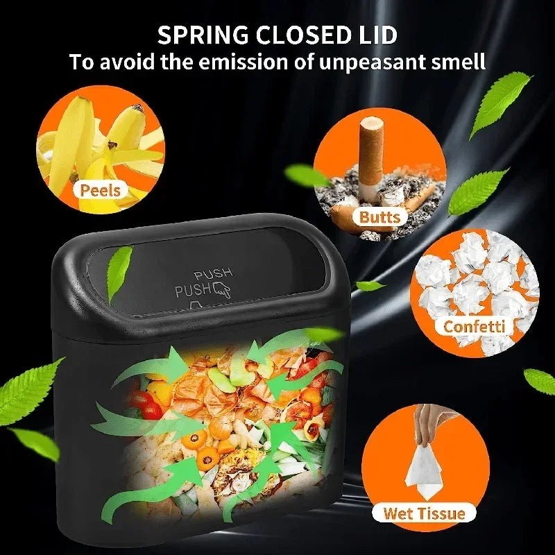 Small black car trash can with lid, leak-proof mini accessory from BACKUPMYFILESNOW.COM® for vehicle organization and cleanliness.