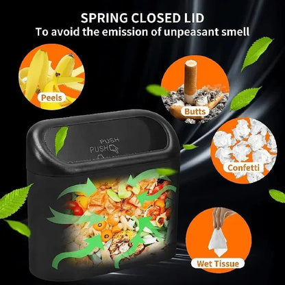 Small black car trash can with lid, leak-proof mini accessory from BACKUPMYFILESNOW.COM® for vehicle organization and cleanliness.