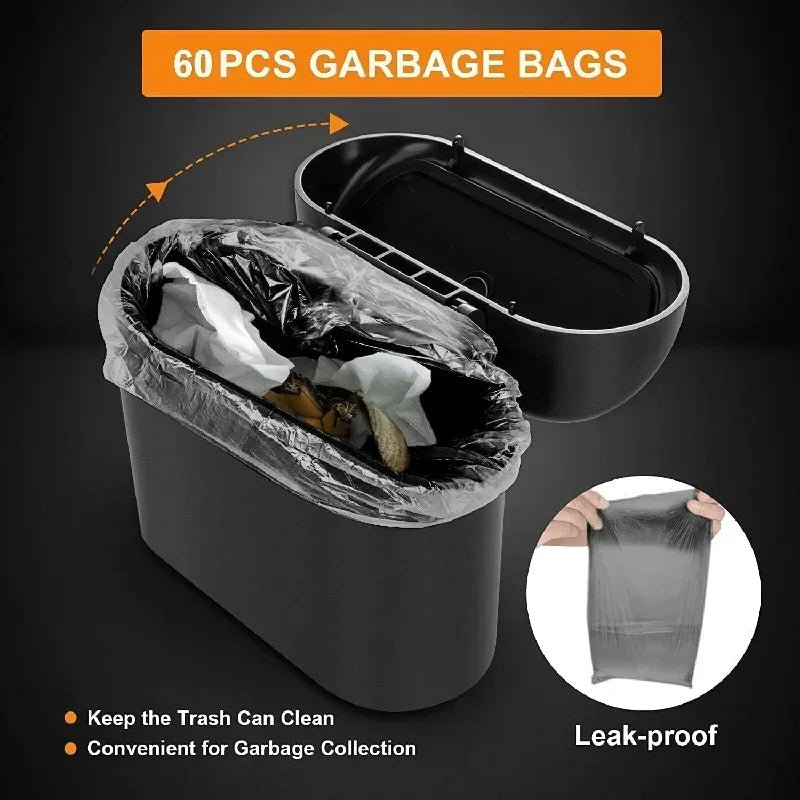 Black small car trash can with lid, leak-proof mini car accessory for clean and organized vehicle interior.