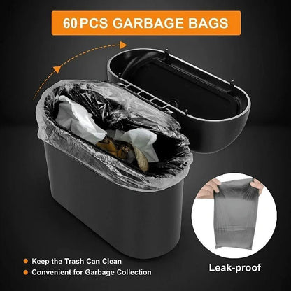 Black small car trash can with lid, leak-proof mini car accessory for clean and organized vehicle interior.
