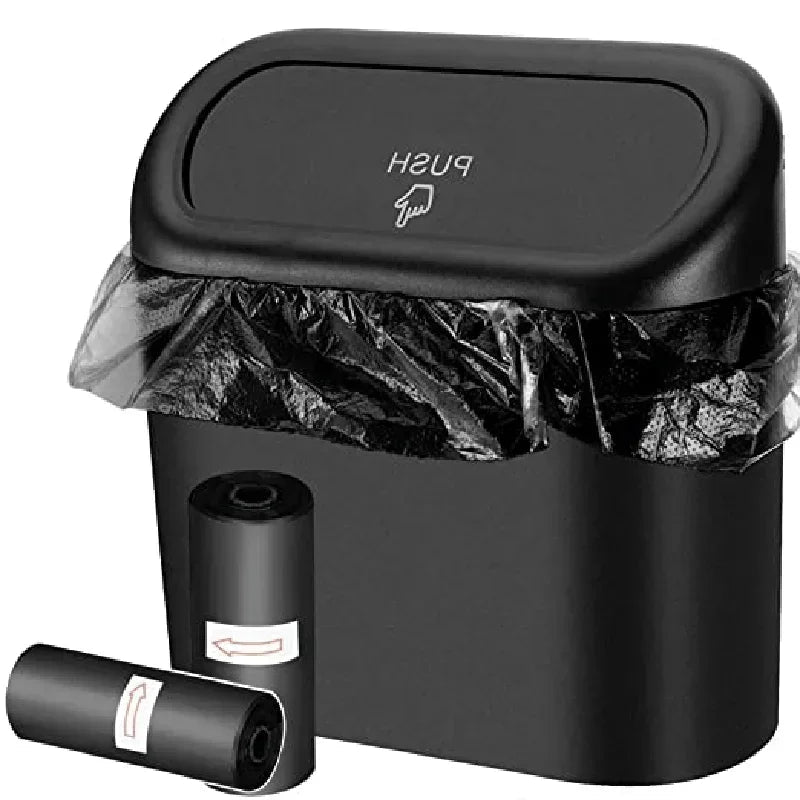 Small black car trash can with lid, leak-proof mini car accessory by BACKUPMYFILESNOW.COM®, designed for vehicle organization.