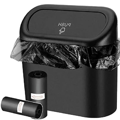 Small black car trash can with lid, leak-proof mini car accessory by BACKUPMYFILESNOW.COM®, designed for vehicle organization.