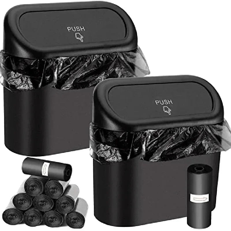 Black small car trash can with lid, leak-proof mini car accessory for keeping your vehicle tidy and organized.
