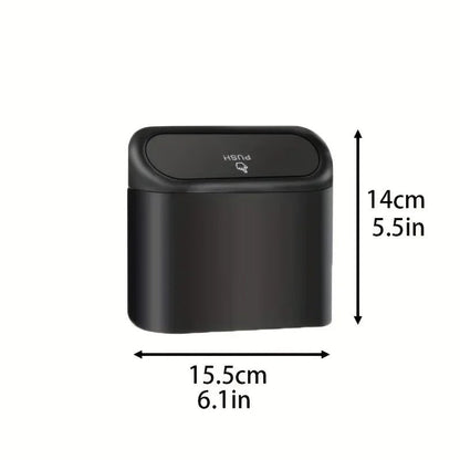 Small black car trash can with lid, leak-proof mini car accessory for keeping your vehicle tidy and organized.