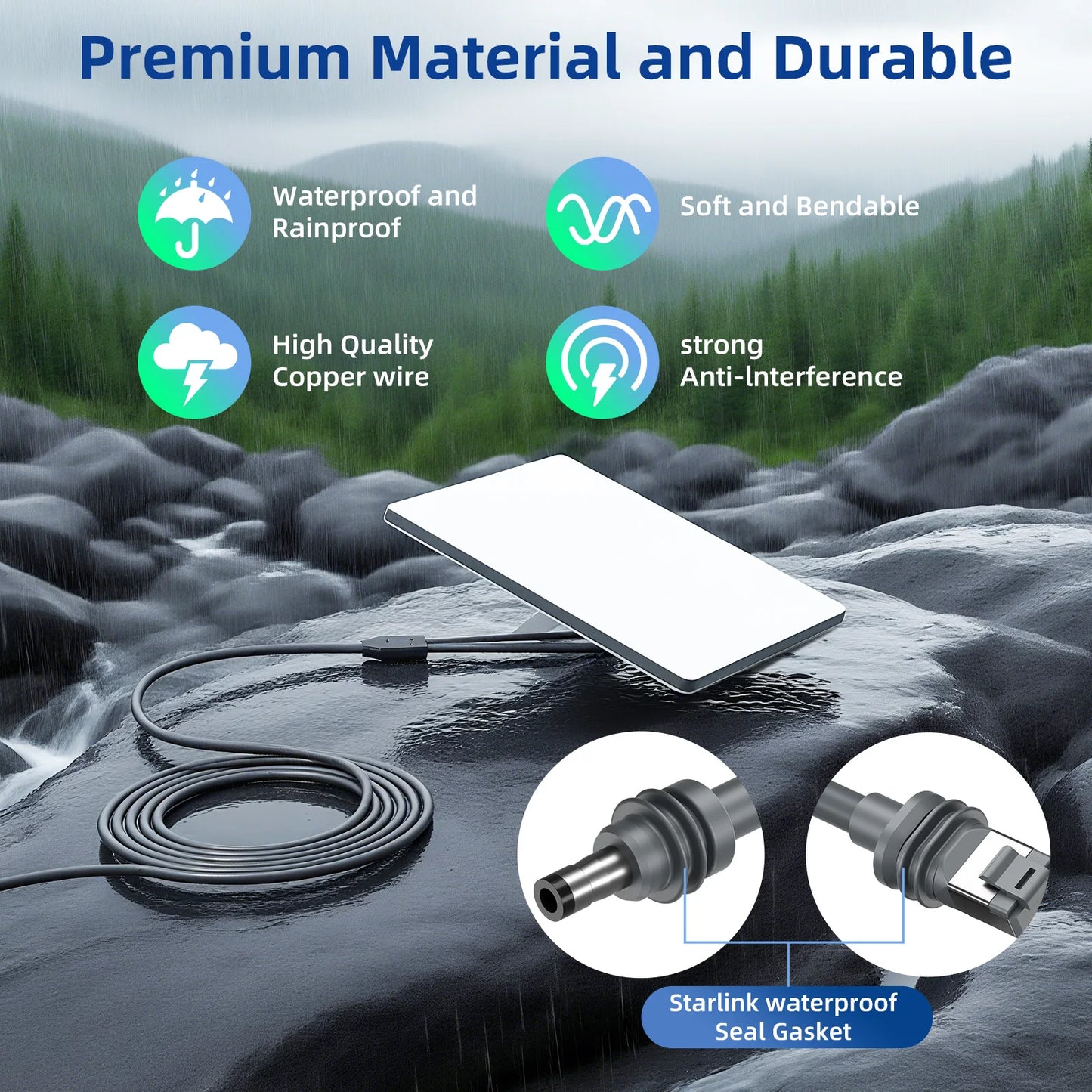 Black 2-in-2 Ethernet and USB-C connection cable for Starlink Mini, 5M fast charging and data transmission for car electronics.